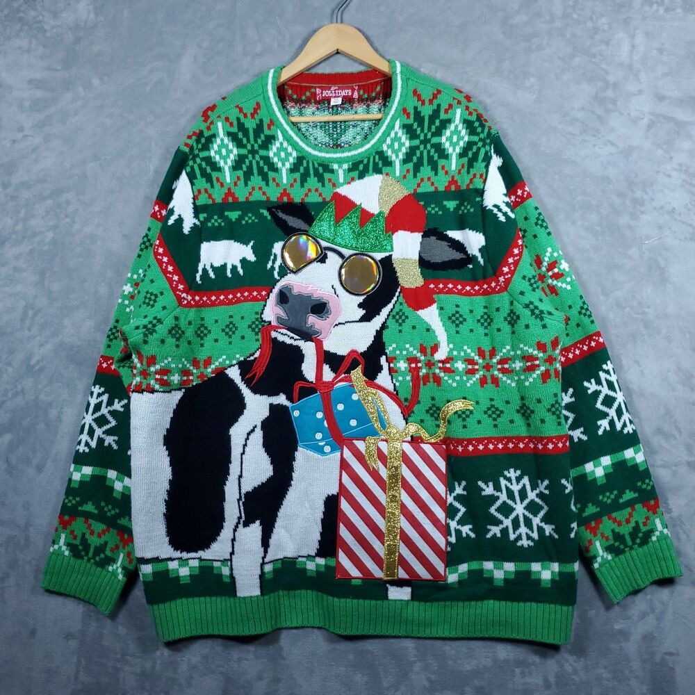 Ugly Christmas Sweater Cow w/ Cowbell Bell Santa Hat Present Size 4XB